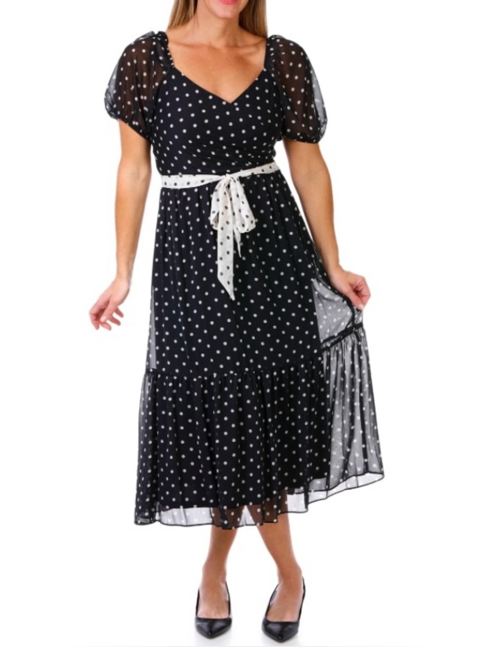 Julia Jordan Polka Dot Midi Dress Black White Puff Sleeve Wrap Neck JJ40964
